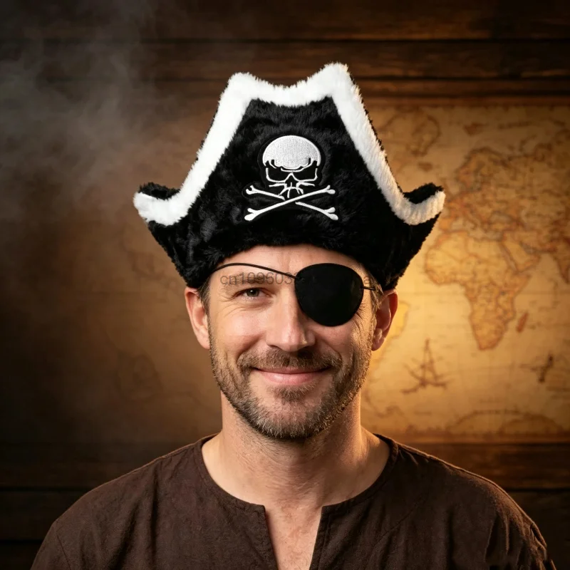 Furry Pirate Hat with White Fur Trim Skull Embroidery Pirate Eye Patch Set Halloween Masquerade Cosplay Costume Party Props