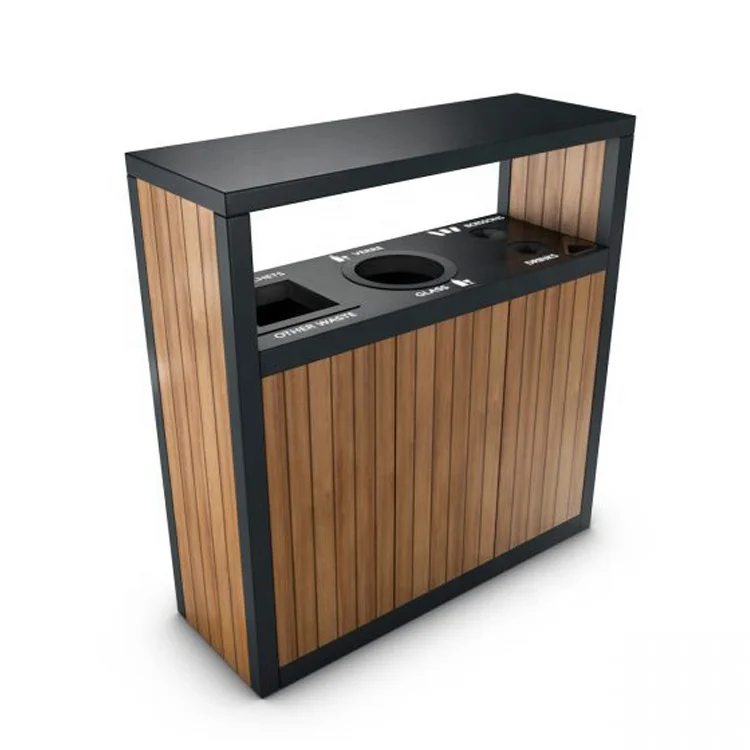Garden Park Wood Dustbin Trash Waste Bin Outdoor Steel Rubbish Garbage Trash Can