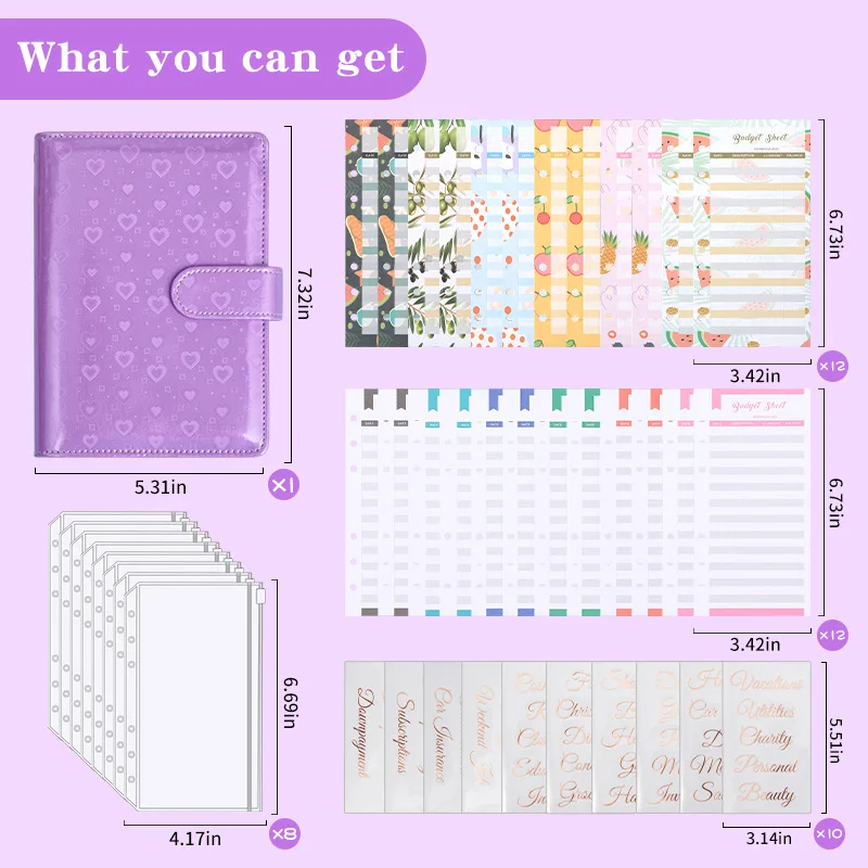 Heart Pink Blue Budget Planner Binder With 8Pcs Zipper Envelopes Cash Envelopes For Budgeting Money Organizer Binder