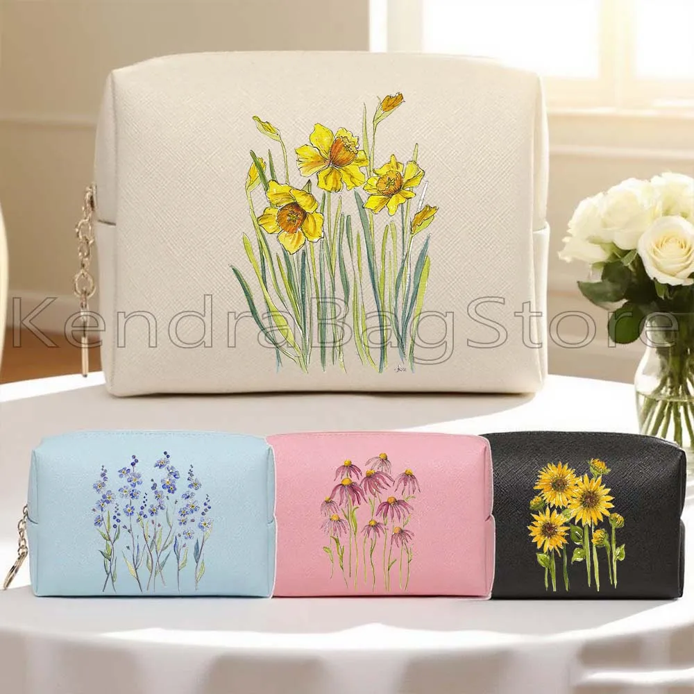 

Cute Yellow Cosmos Flower Wildflower Bouquet Daisies PU Leather Travel Cosmetic Bag Women Makeup Waterproof Toiletry Storage Bag