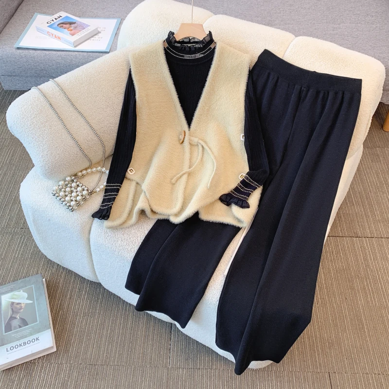 

Autumn Winter Knitted 3 Pieces Set Office Ladies Elegant Knitted Vest+Turtleneck sweater+wide Leg Pants Sets For Women Clothing