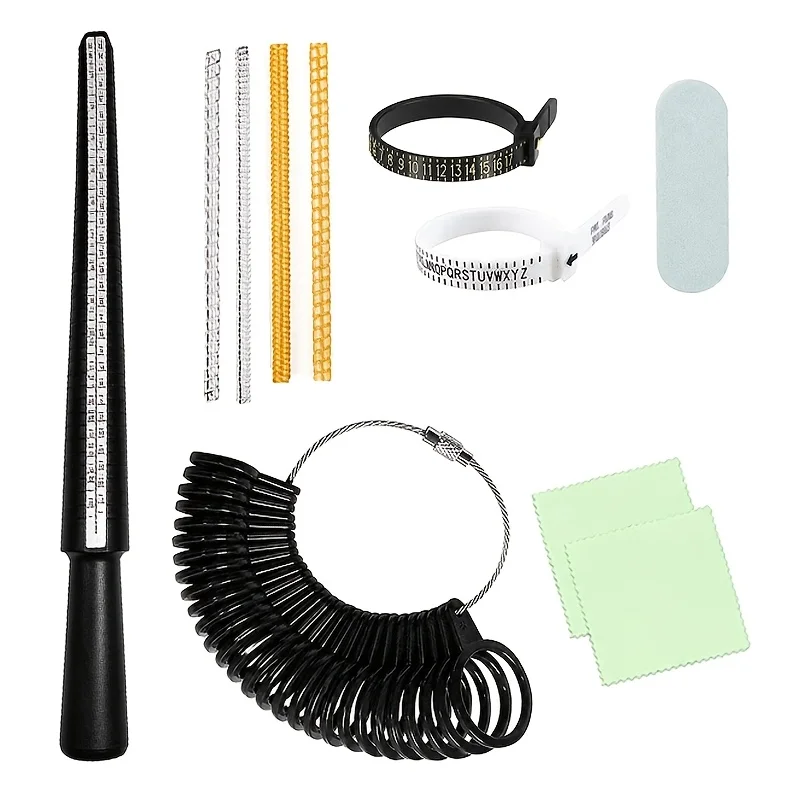 Ring Size Measuring Set,Plastic Ring Core Spindle,Ring Size Measuring Tool,Polishing Rod,Silvery Cleaning Cloth,Wrapping Wire