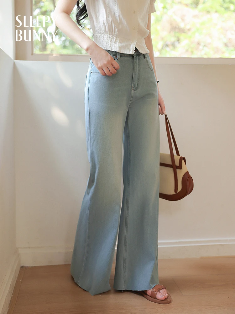 Light Wash High Waist Flared Jeans Women Summer Vintage Frayed Hem Loose Fit Slimming Denim Pants Casual Retro Style Trousers
