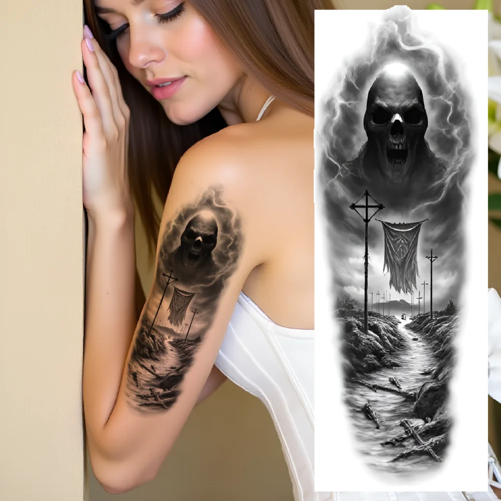 

3pcs Temporary Tattoo Skull Realistic Temporary Tattoos Grim Reaper Gargoyle Black And Grey Realism For Thighs Women Adults