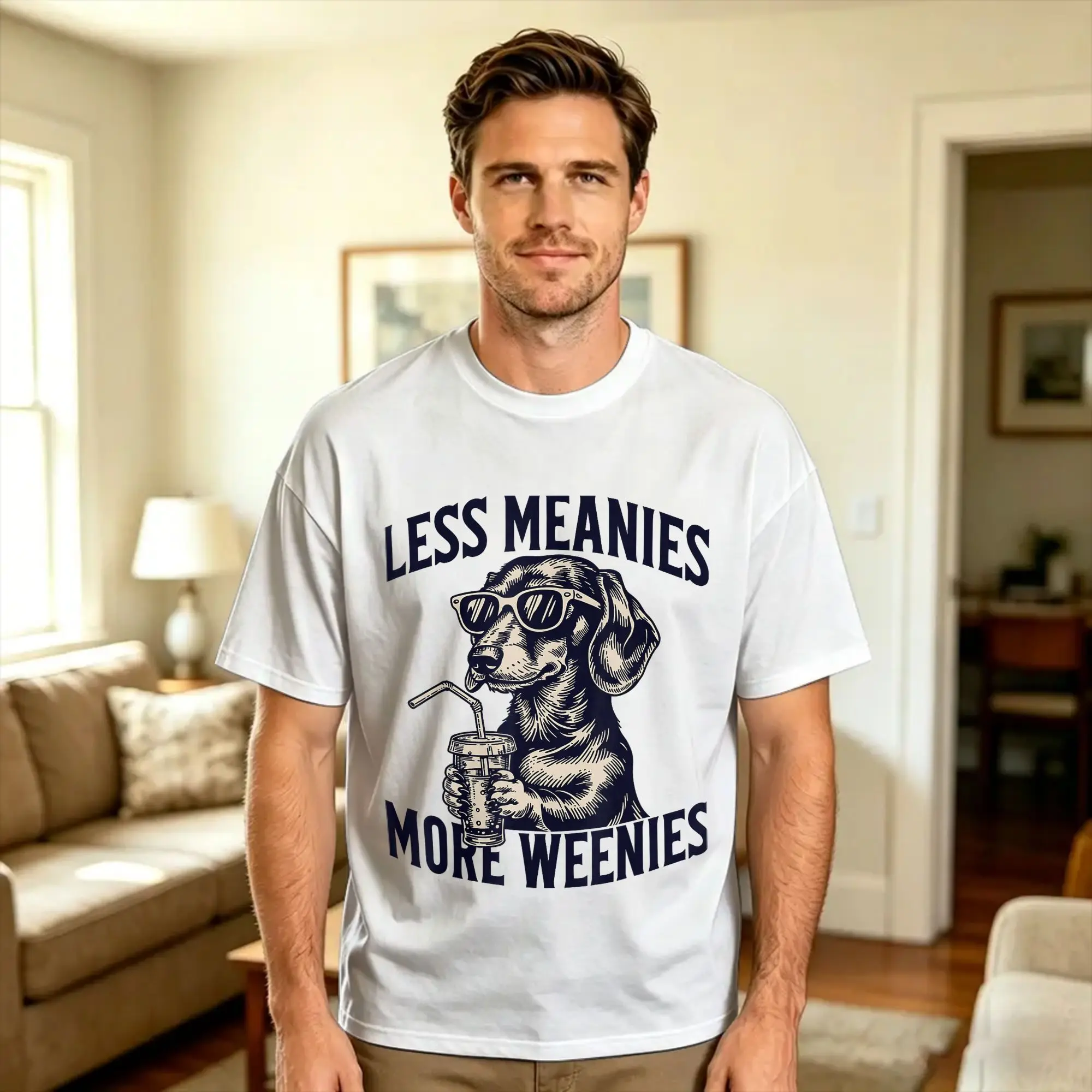 Less Meanies More Weenies Dachshund T-Shirt Man  Street Style T-Shirts Summer Crew Neck Trending Tees Print Oversized Tops