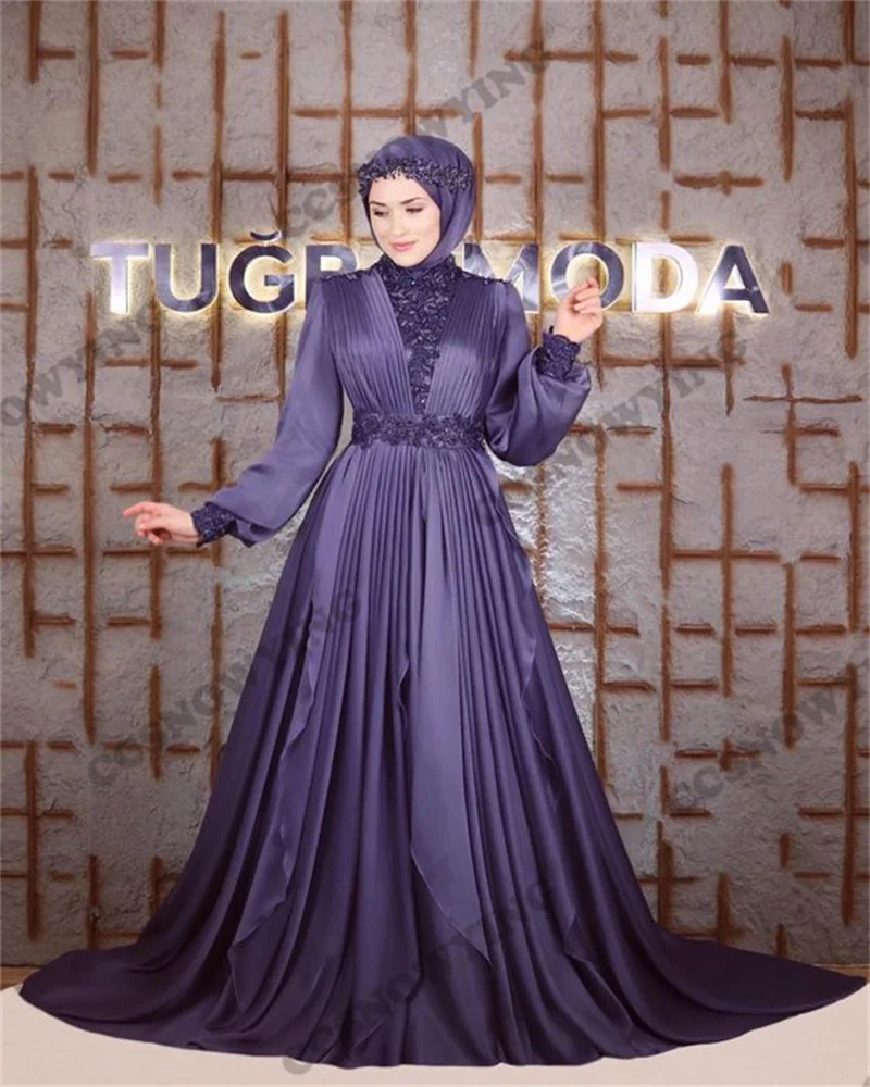 

Purple Long Sleeve Muslim Hijab Evening Dresses Pleats Islamic Formal Party Gown Chiffon Appliques Women Arabic Robe De Soiree