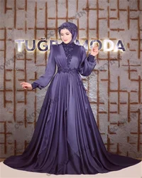 Purple Long Sleeve Muslim Hijab Evening Dresses Pleats Islamic Formal Party Gown Chiffon Appliques Women Arabic Robe De Soiree