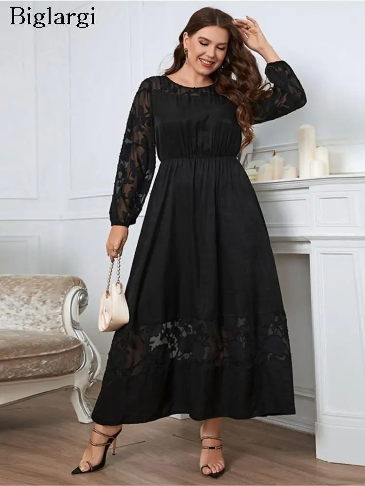 

Plus Size Summer Long Dress Women Lace Patchwork Long Sleeve Elegant Ladies Dresses Casual Fashion Woman Dress 2023