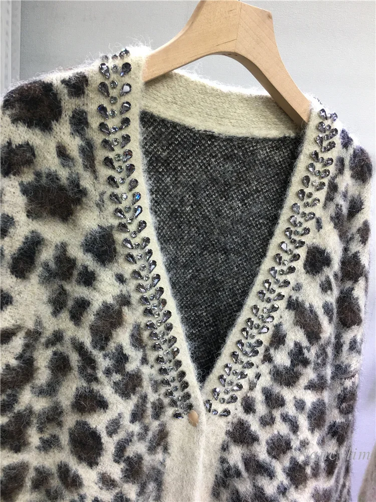 European Style Beaded Leopard Cardigan Loose Medium and Long Large Size Thickened Warm Knitted Sweater for Women Autumn Winter