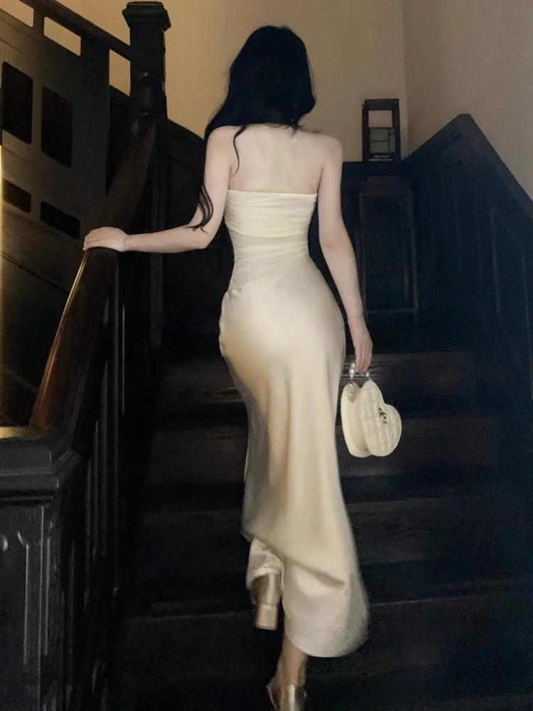 Otoño mujeres Vestidos de sirena de satén elegante Halter sin mangas Slim Chic Vintage Vestidos fiesta de noche salir de noche trajes