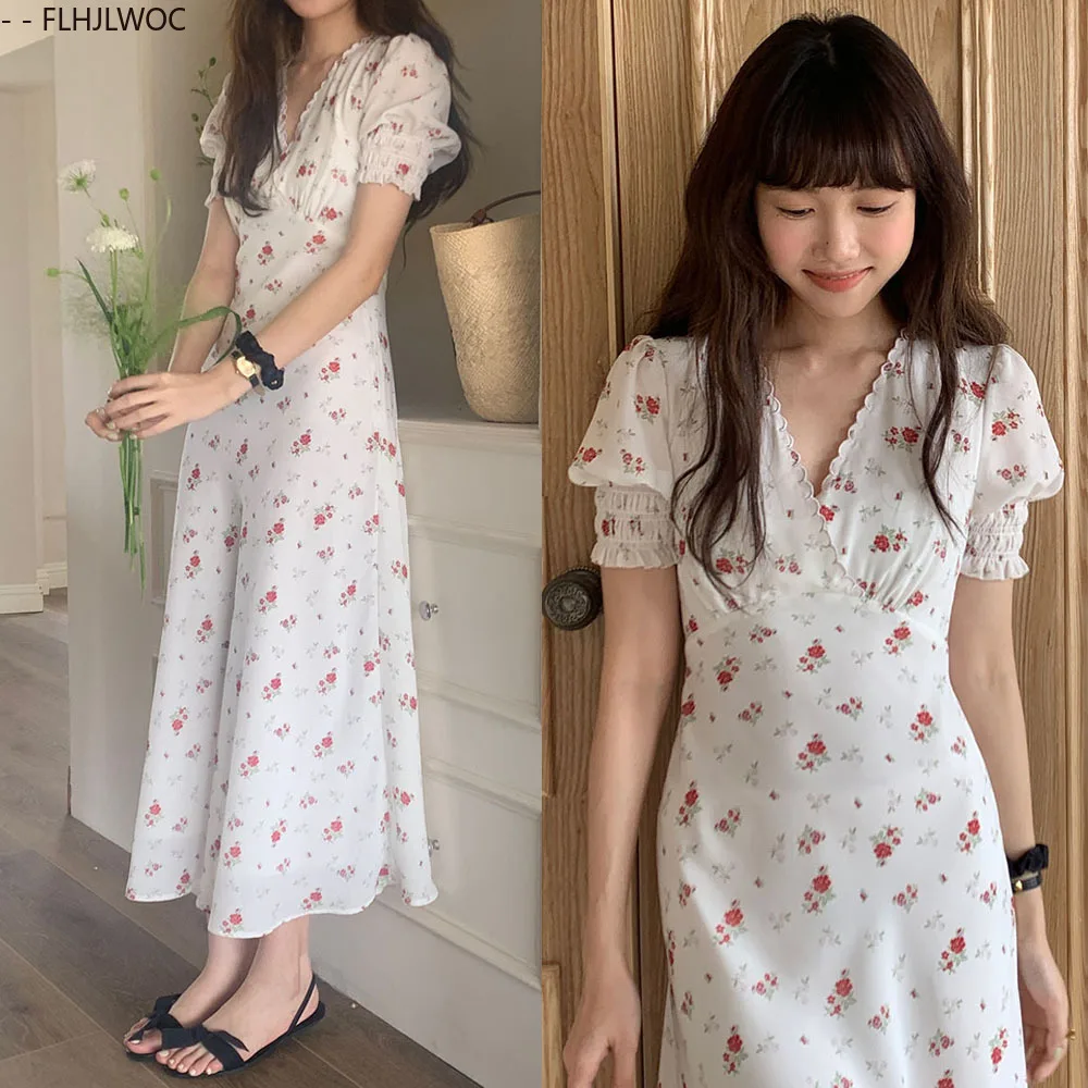 Korea szykowna sukienka 2025 letnie wakacje data dziewczyny V Neck drapowane słodkie romantyczne kwiatowe drukowane damskie długie sukienki Vestidos