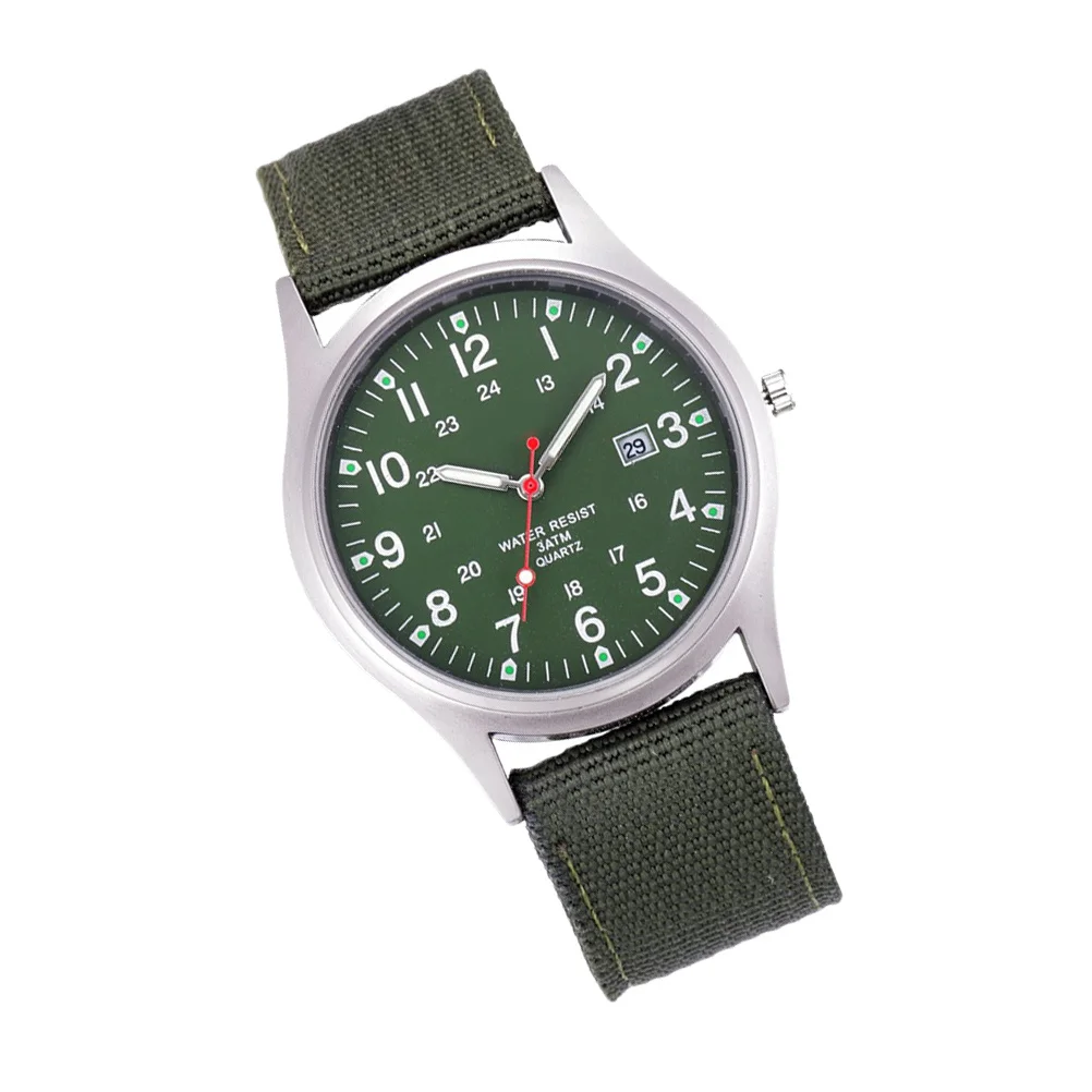 1pc Military Green Canvas Band Quartz Movement Calendar Function Men'S Fashion Wristwatch Durable Male Timepiece