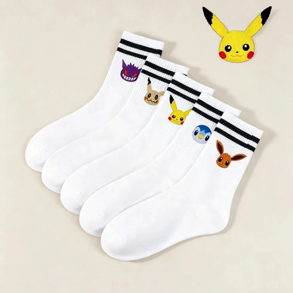 5Pairs of New White Double Striped Cuffs Cute Pocket Monster Character Printed Breathable Cotton Casual Women's Round Neck Socks