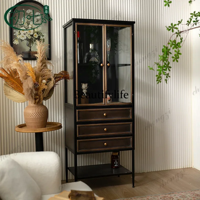 A52 American light luxury glass cabinet living room figure handicraft display cabinet industrial style multi-drawer storage cabi