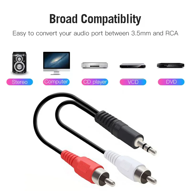 3.5mm To 2RCA Cable 3.5mm Jack Male To 2RCA Male Stereo Audio Adapter RCA Extension Cable for Phone Amplifier Speaker DVD