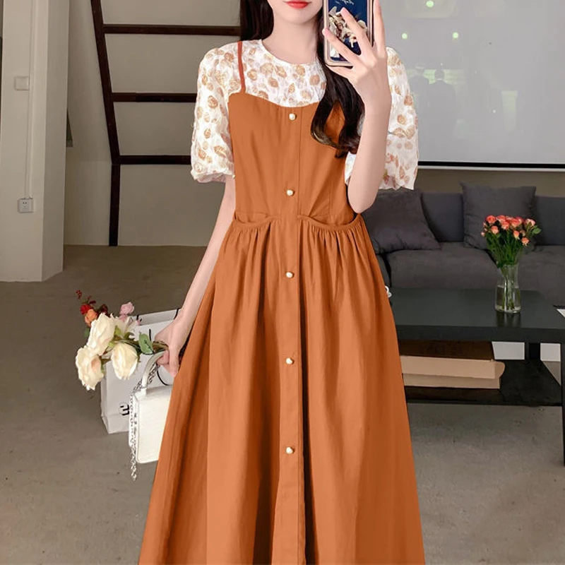 2023 New Summer Women Floral Print Patchwork Sweet Chic Midi Dress Female Fashion Elegant Short Sleeve Slim Casual Dresses Robe