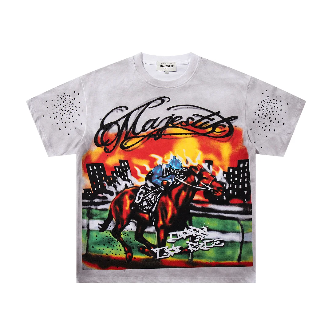 Men Vintage Tie Dye T-shirt Majestik Racing Motocross Rhinestone Graphic Tee Y2K Oversized Short Sleeve Hip Hop Streetwear Tees