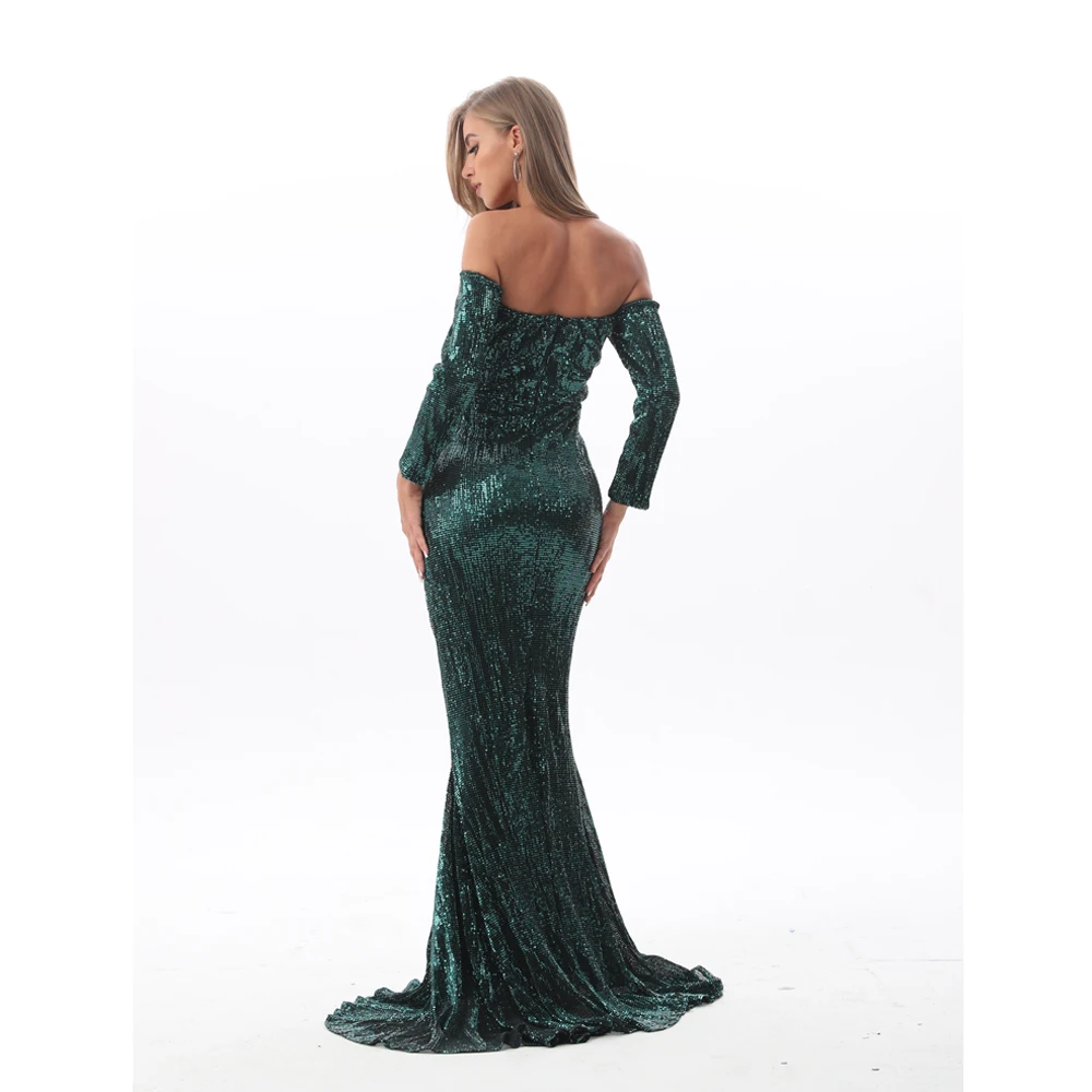 Romagic Green Shiny Off The Shoulder Mermaid Wedding Party Long Sleeves Evening Dress Sequin Stretchy Women Celebrity Dresses