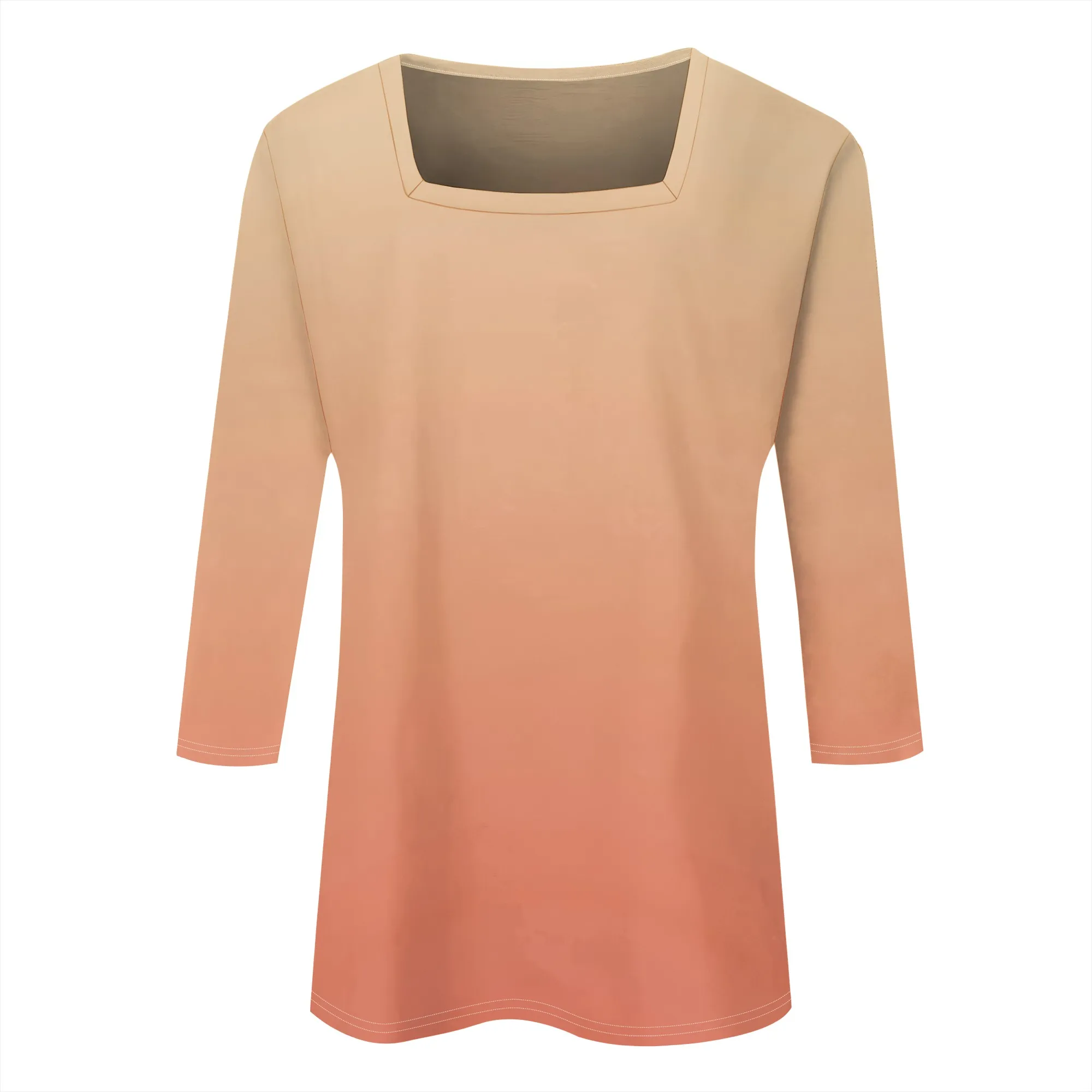 Camicia a tunica con collo quadrato da donna Top con maniche a 3/4 sfumate T-shirt elasticizzate casual Magliette primaverili estive Taglie forti