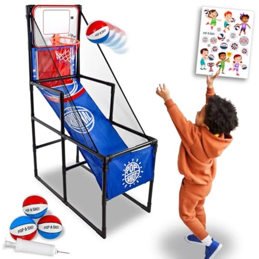Indoor Arcade Basketball Hoop for Age 3-6: Durable Plastic, Blue/Red, Electronic Scoreboard, Music Sound FX, Includes 3 Balls S