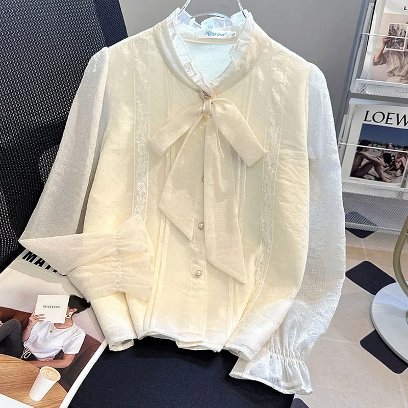 

Женская блузка-рубашка, новая шифоновая рубашка с длинным рукавом и рюшами на шнуровке, блузка, женские топы, блузки, рубашки Blusas Para Mujer Q553