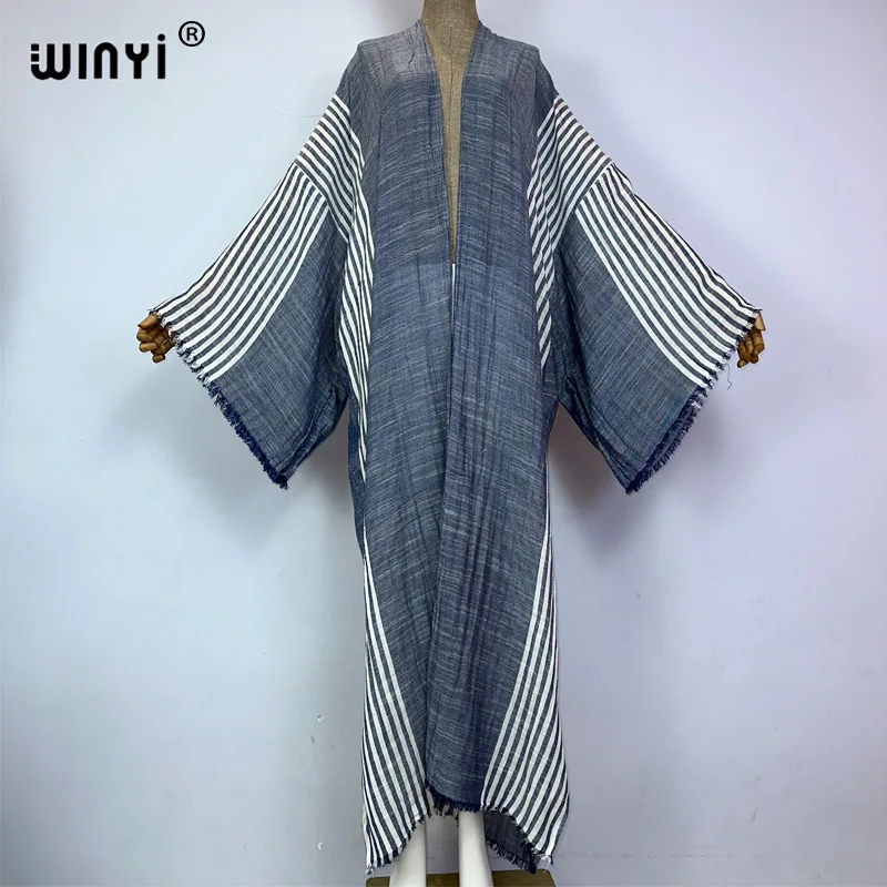 Nowa wygodna damska kurtka jesienny w paski z nadrukiem płaszcz plażowy luźna sukienka Boho luźna wakacyjna futerał do pływania up Kimono