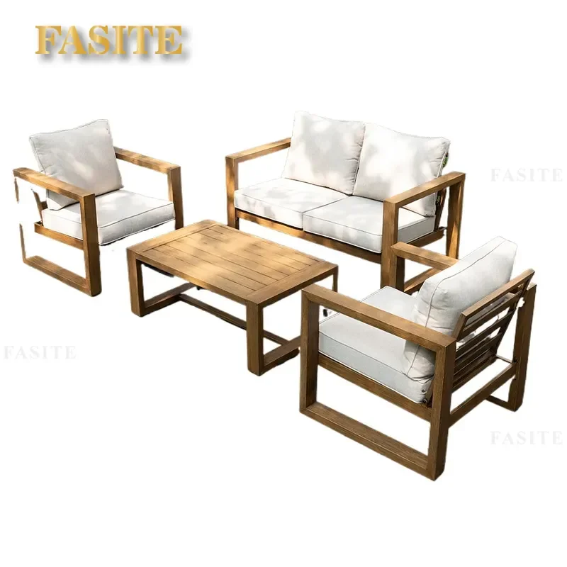 For Outdoor Patio All Aluminum Alloy Imitation Wood Grain PE Sofa Coffee Table Set Waterproof Sunscreen Cushion Balcony