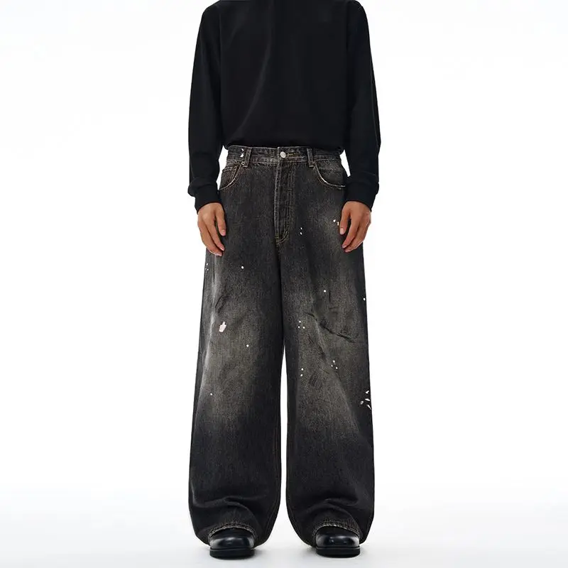 

Men And Women Mop The Floor Curved Knives Couples Versatile Straight Leg Casual Long Pants Dirty Dyed Splashed Ink Loose Jeans