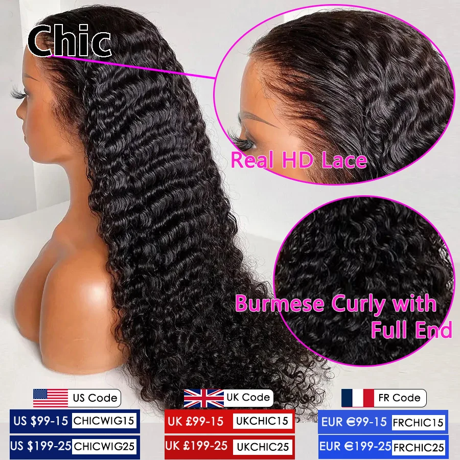 Chic Deep Wave Curly Human Hair Wig Real HD 13x4 Lace Front Human Hair Wigs Glueless Pre Plucked Invisible HD Lace Closure Wigs