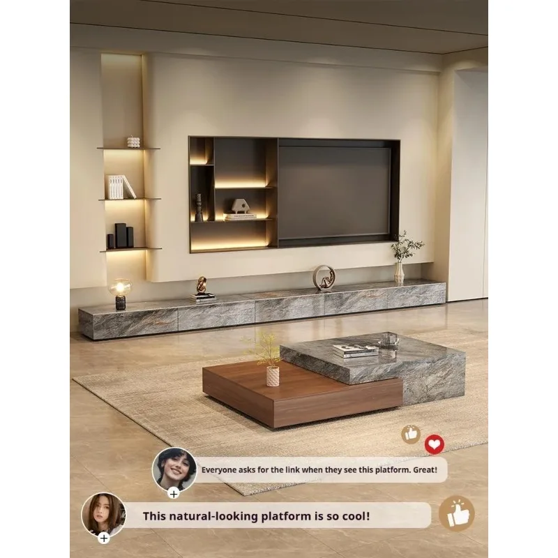 Glossy Grey Stone TV Platform, Italian Minimalist Media Console, EO Eco-Friendly&Large Storage, Durable&Easy Clean, Customizable