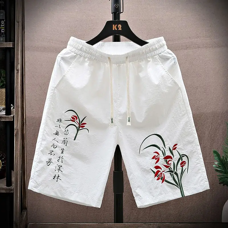 Korean Style Folk Summer Men's Elastic Waist Drawstring Embroidery Pockets Trend Versatile Casual Loose Knee Length Board Shorts