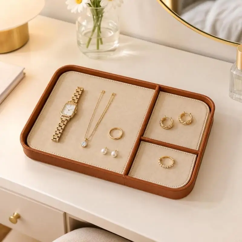 Valet Tray with 3 Compartments and Synthetic Leather Panels, Raised Storage for Personal Items on a Desktop