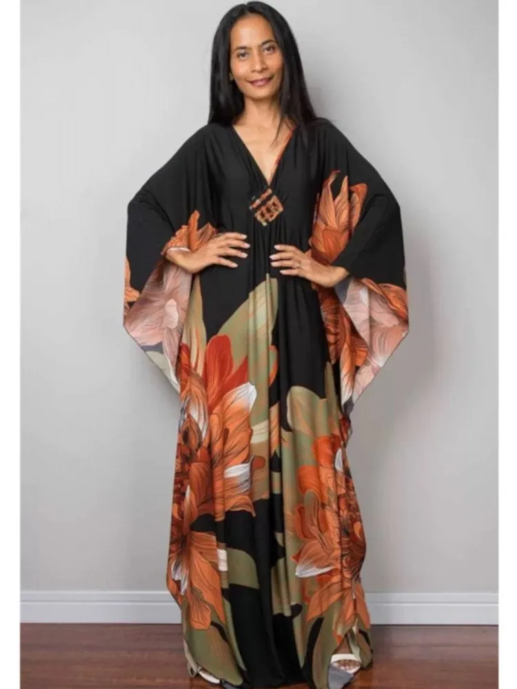 

New Cover Up Africa Fashion Boho Popular Print Twill Kaftan Maxi Dress Summer Beach Bohemian Batwing Sleeve Long Dress For Lady