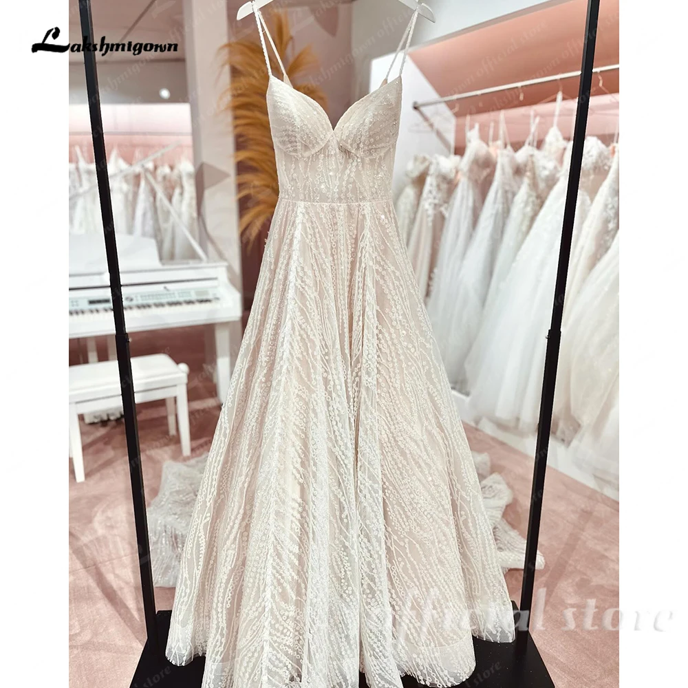 Lakshmigown Glitter Ivory Lace Wedding Dress For Women V-Neck Backless Bride Dress Tulle A-Line Sweep Train Robe de mariee