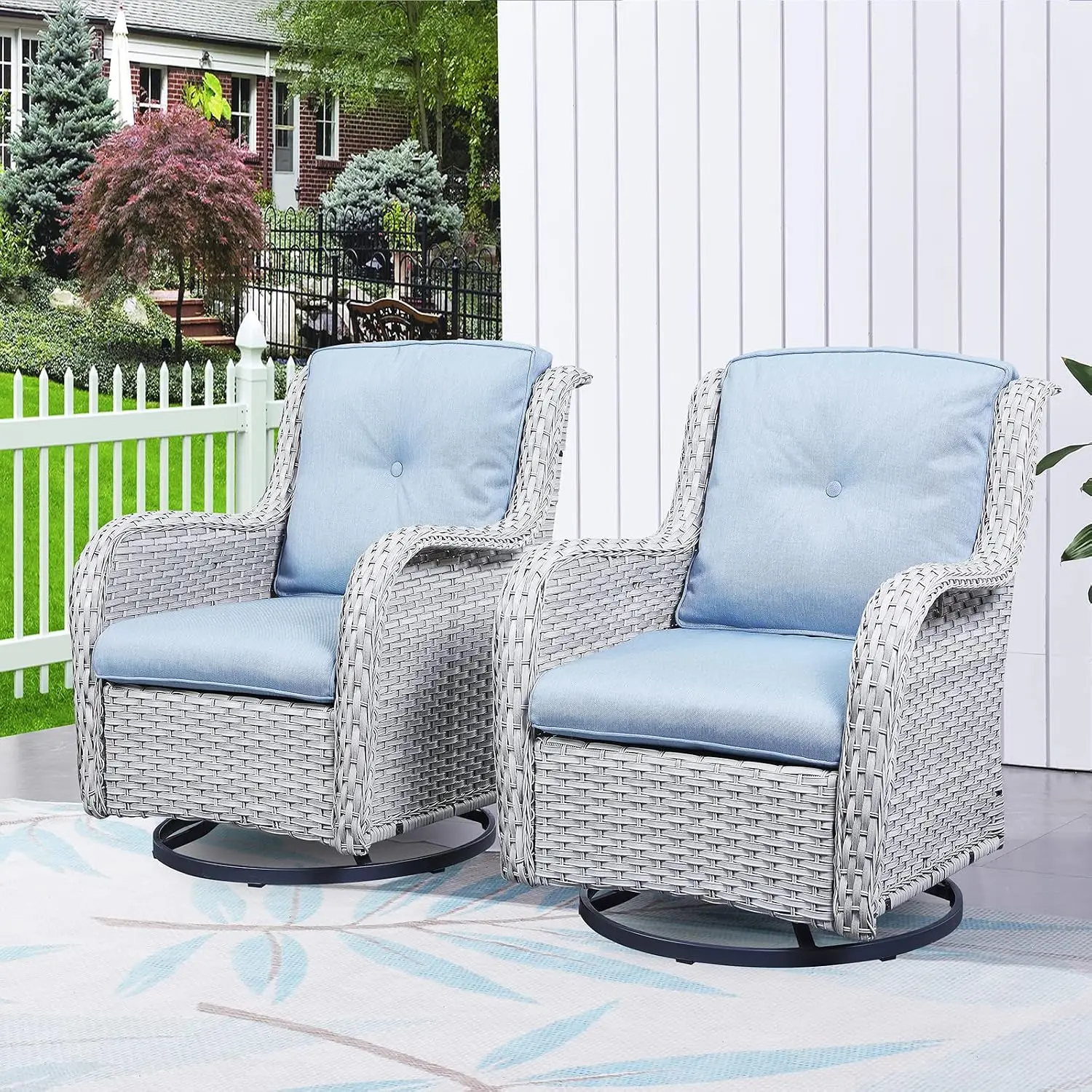 Outdoor Swivel Rocker Wicker Patio Chair Set 2, Rattan Rocking Furniture, Light Grey & Blue, Customized