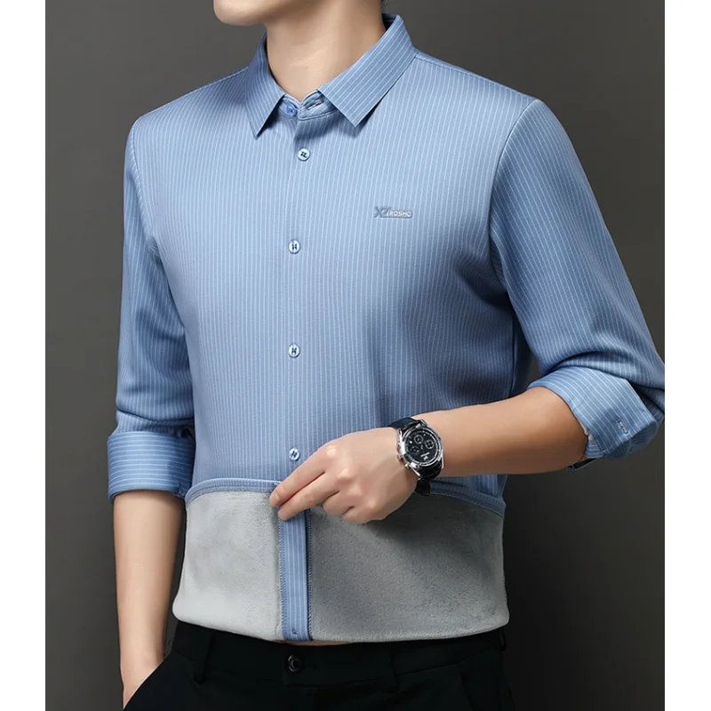 Hoogwaardige Mannen Gestreept Business Shirt 2023 Nieuwe Herfst Winter Lange Mouw Plus Fluwelen Dikke Warmer Shirt Mannen Kleding C0221