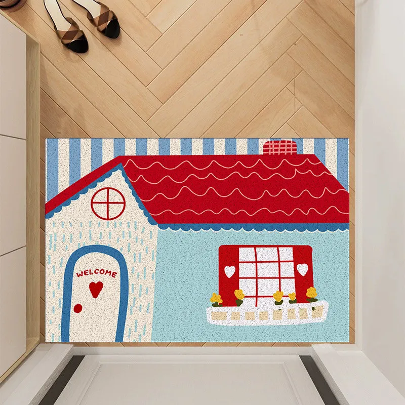 Cute Cartoon House Mat PVC Coil Doormat Anti Slip Dirt Trapper Rug Cuttable Easy Clean Indoor Outdoor Front Door Entrance Floor