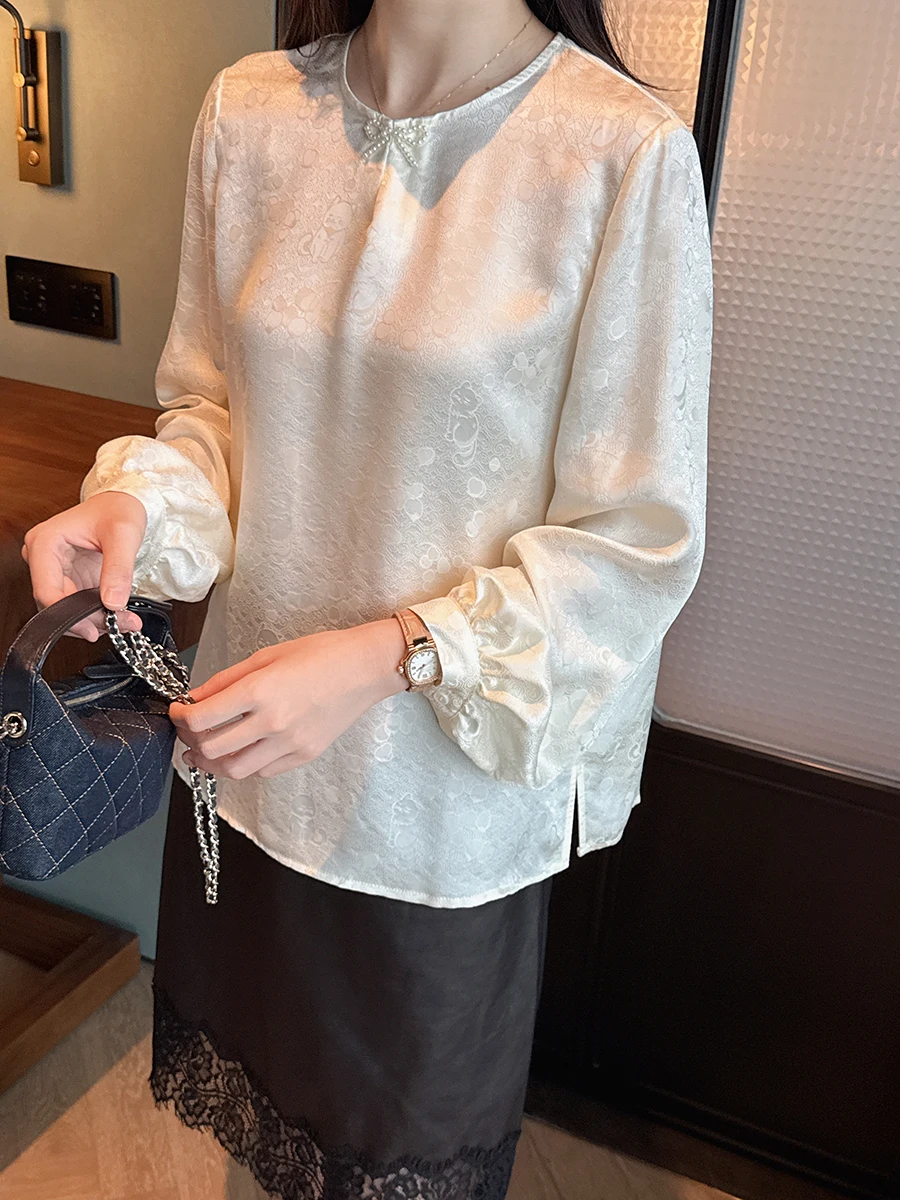 

Silk Knot Neckline Shirt Smooth Luster Silk New Chinese Style Loose Fit Long Sleeve Women's Shirt