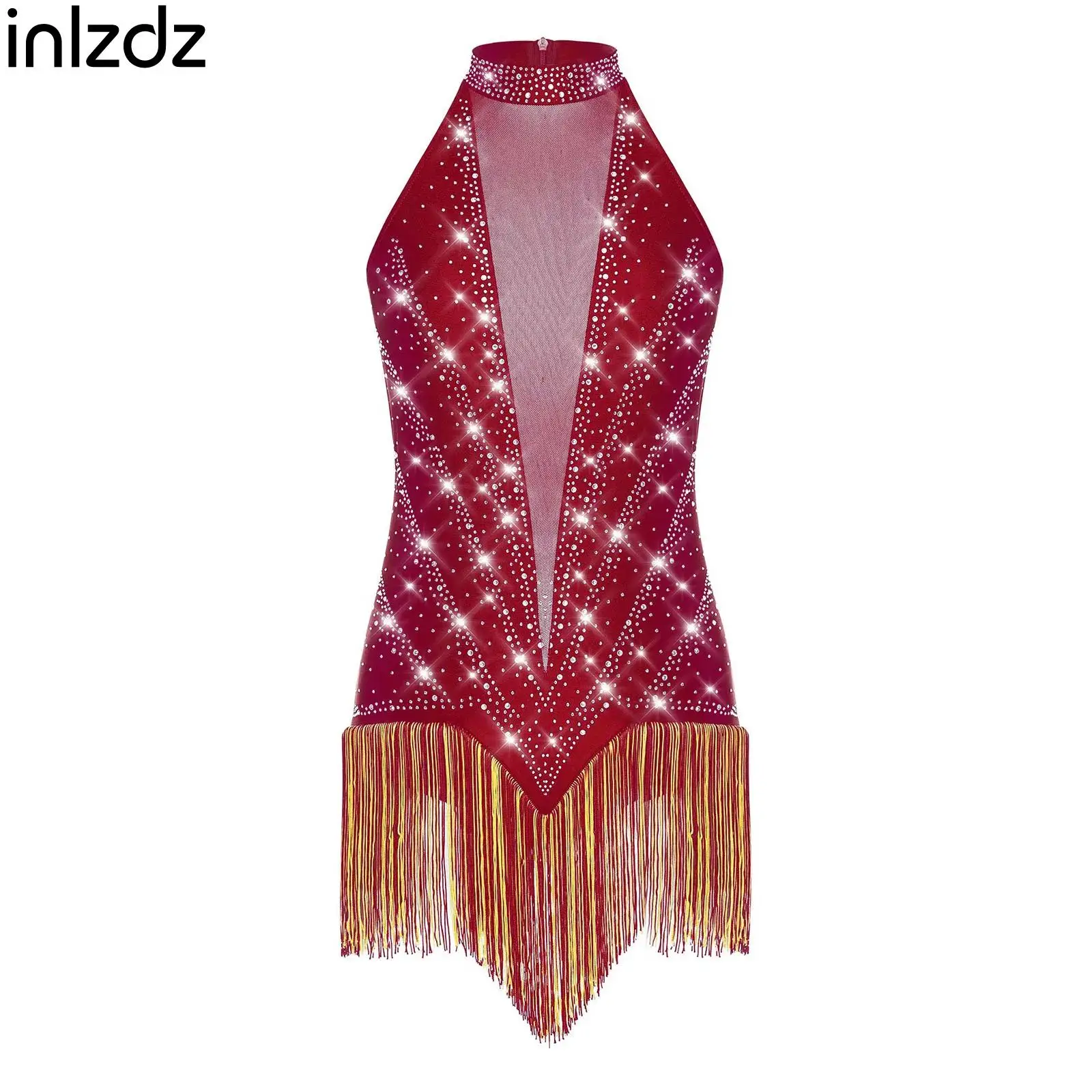 

New Womens Sparkly Rhinestones Tassels Latin Dance Costume Sleeveless Fringed Leotard Cha-Cha Tango Dance Party Stage Costumes