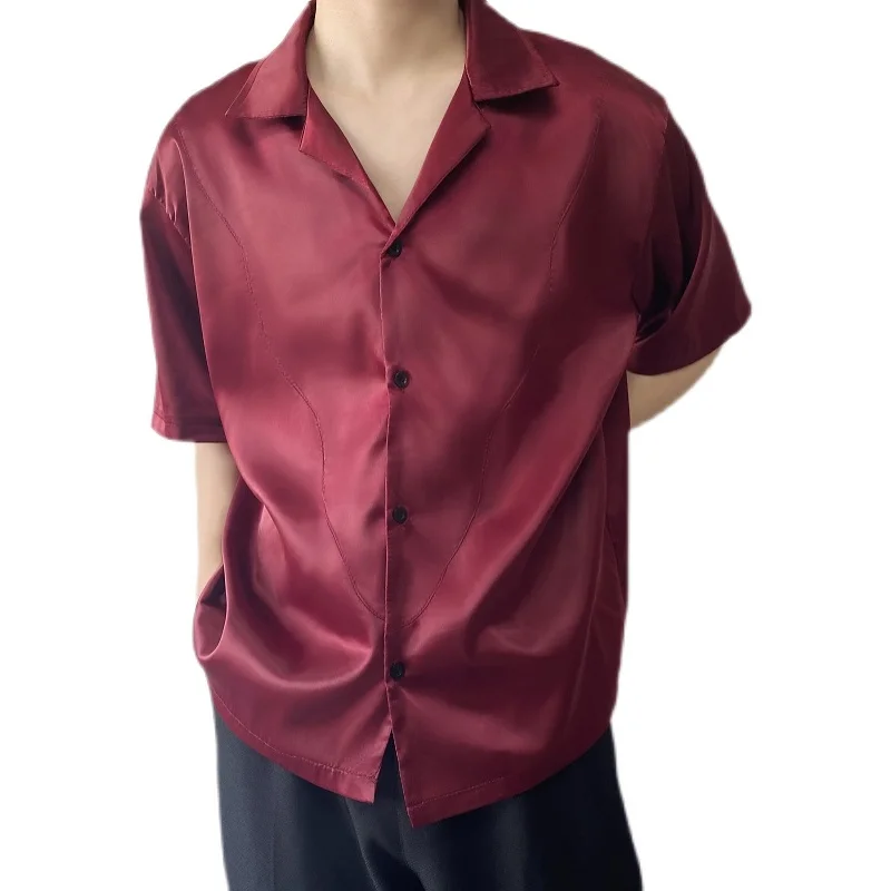 Summer Men\'s Stylish Shirt Cuban collar Satin Silk Wine Red Dress Shirts Short Sleeve Tops Wedding Prom Party Holiday Blouse Man