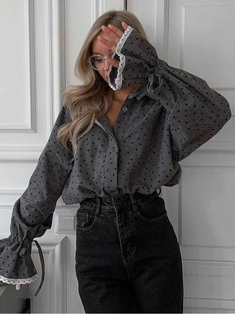 

Женская элегантная блузка А-силуэта с принтом, модный принт в горошек с сердечками, топ с пышными рукавами, приталенный крой, новинка 2026 года, весенняя офисная одежда в стиле смарт-кэжуал