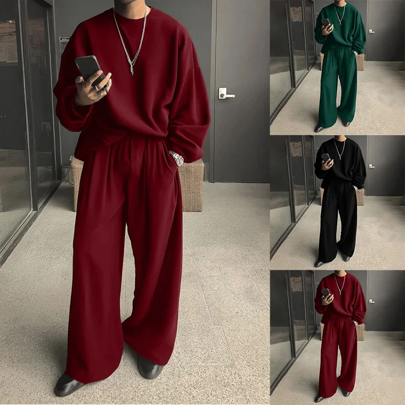 

2025 New Wine Red Dark Green Black Solid Color Loose Long Sleeve Hoodie Wide Leg Pants Men Casual Sportswear Two Piece Set