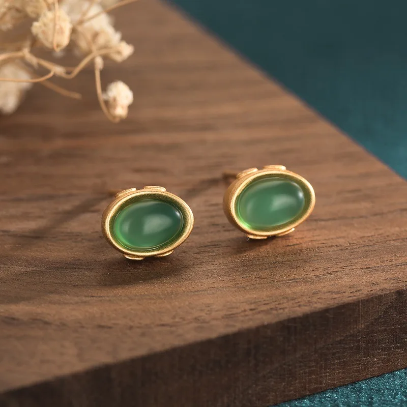 

New Small Earrings Copper Gold-Plated Ingot Inlaid Natural Green Jade Retro Classical Earrings for Women Jewelry Female 6*8MM