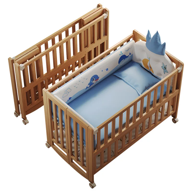Crib foldable solid wood unpainted splicing bed newborn baby movable cradle