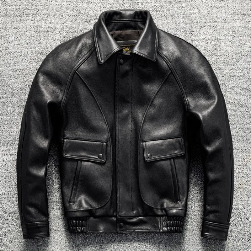 

Thickened leather top layer large-sized men's lapel casual and versatile