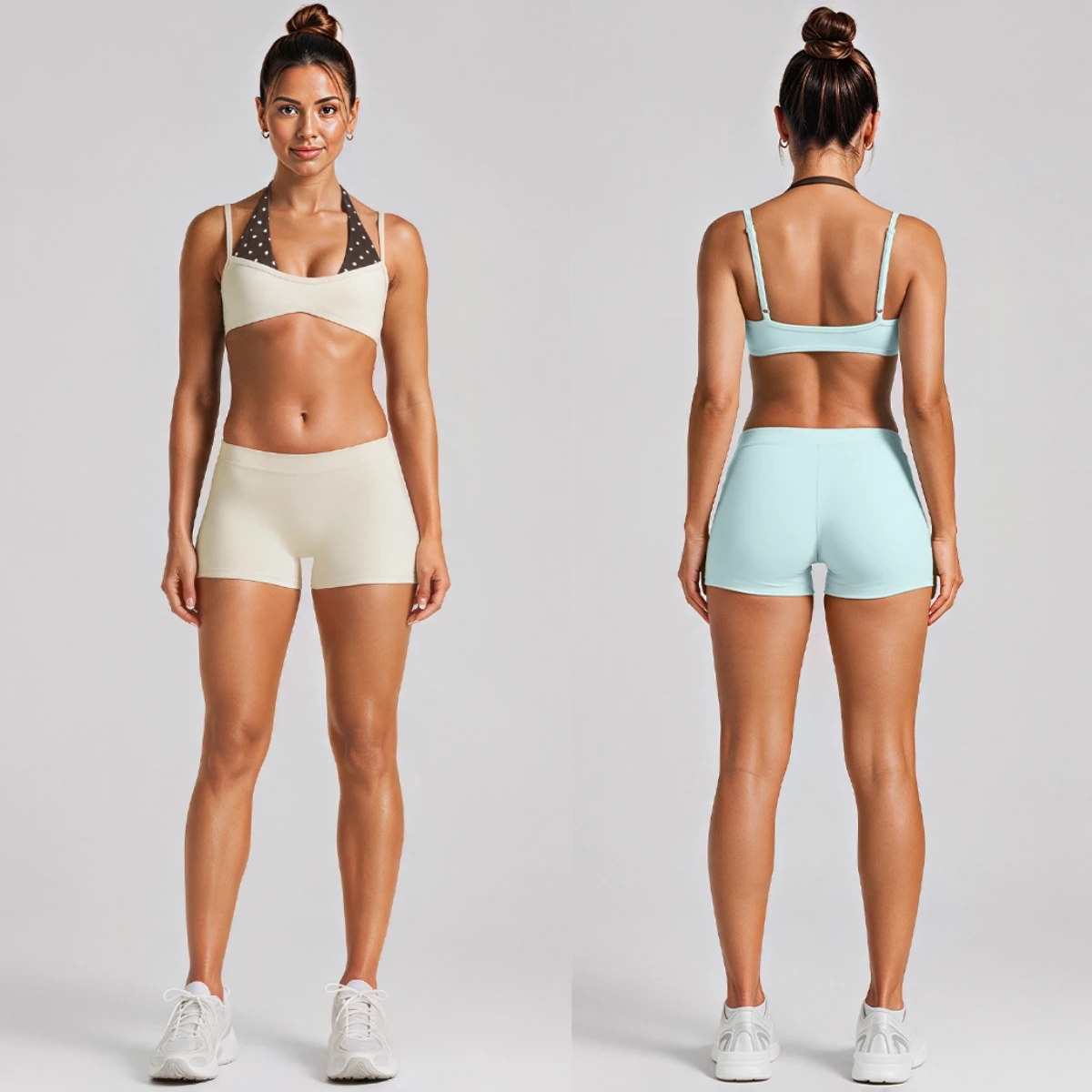 Women Fake Two Piece Yoga Set Polka Dot Halter Neck Sports Bra High Waist Biker Shorts Gym Workout Clothes Pilates Sports Set