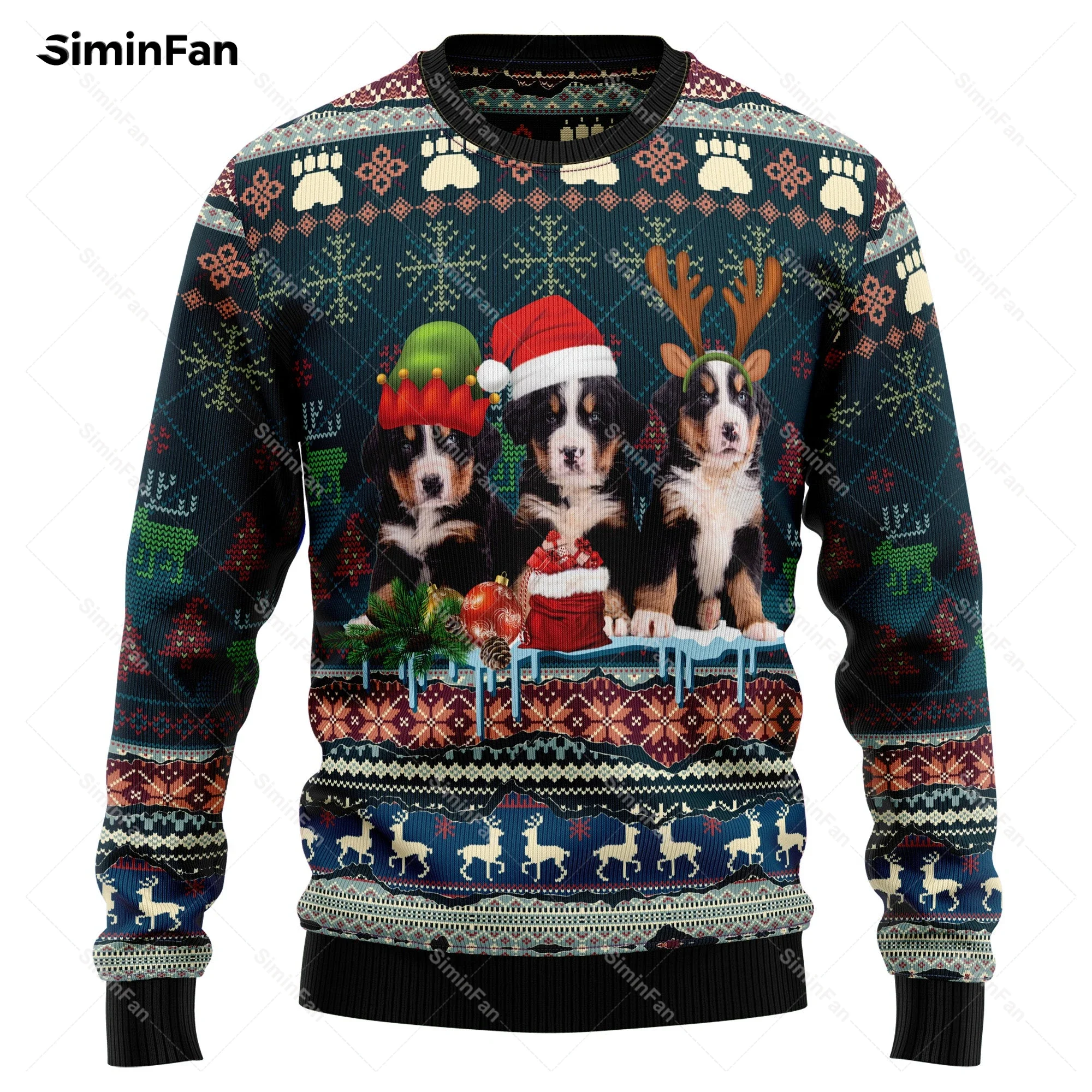 Bernese Mountain Dog Woofmas Christmas Sweater 3D Printed Men Pullover Sweatshirt Couple Long Sleeve Shirts Unisex Female Tops