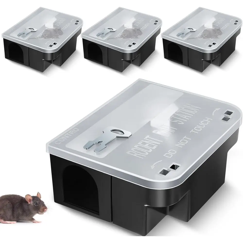 

4-Pack Rat Bait Stations - 8.86 x 7.28 x 3.62 Traps with Removable Lid, Safe for Kids and Pets, Indoor/Outdoor Use, Bait Not Inc