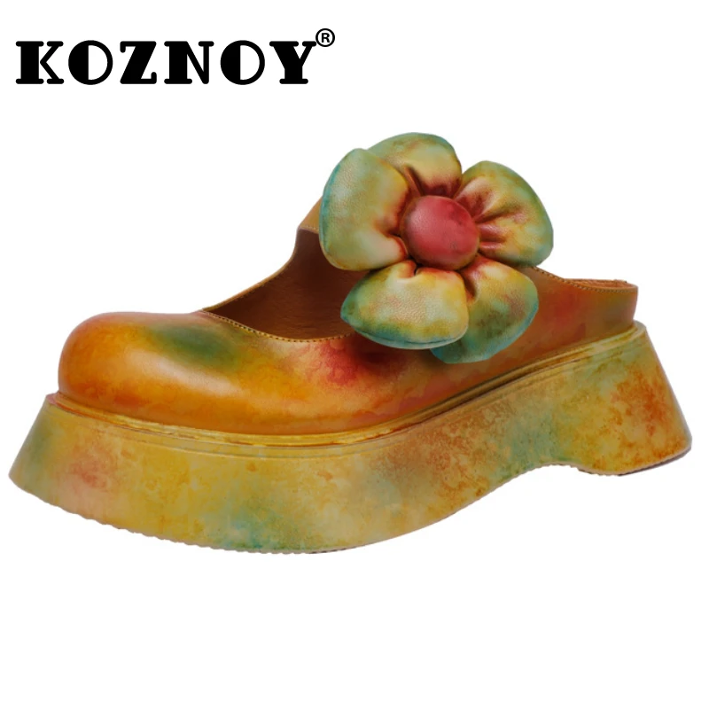 

Koznoy 5cm New Genuine Leather Fashion Ladies Appliques Sandals Hot Sale Fashion Summer Women Wedge Slipper Platform Flats Shoes