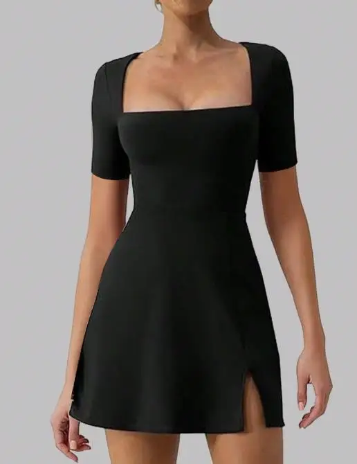 

Elegant Women's Dress with Summer Square Neckline Waist Cinching Slit Design A-Line Short Sleeved Dress Suitable for Banquets